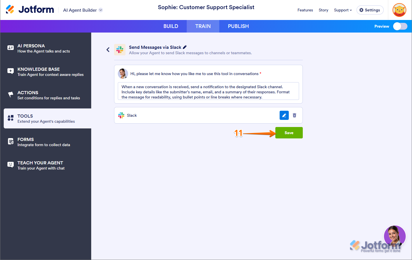 Save Button to Save the Slack Integration in AI Agent Jotform