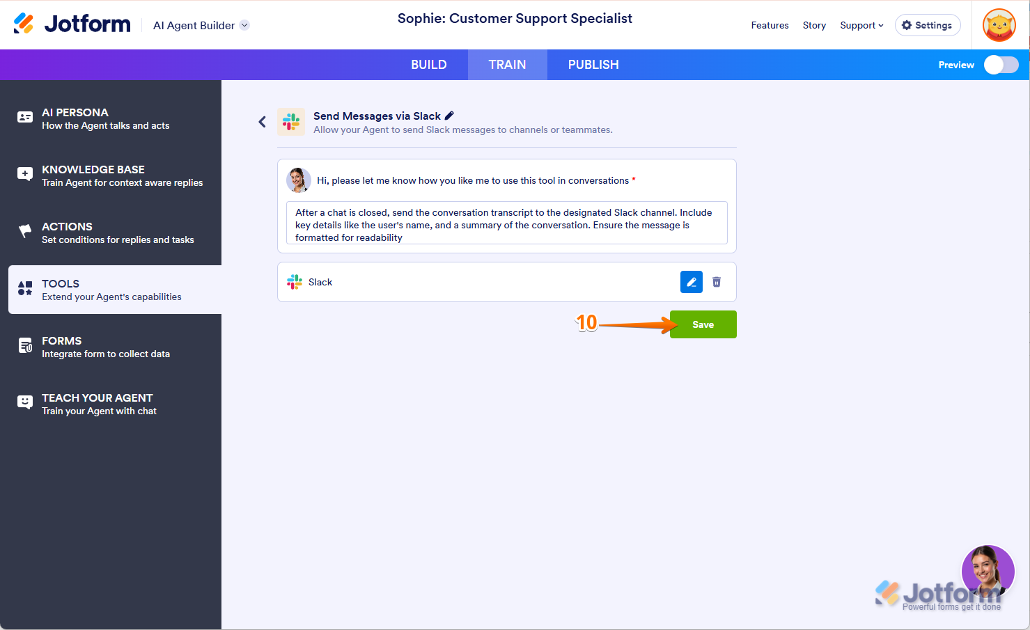 Save Button to Complete the Slack Integration AI Agent Jotform