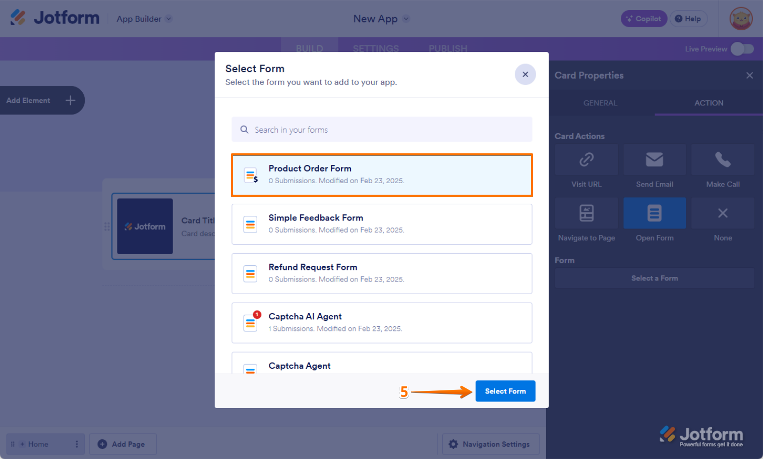Click or Search Form in the Action tab of the Open Form Action in Jotform App Builder