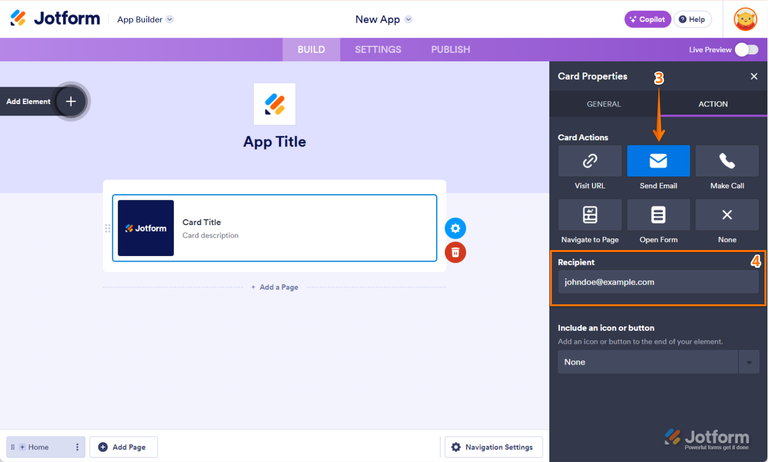 Send Email and Recipient field in the Action tab of Jotform App Builder