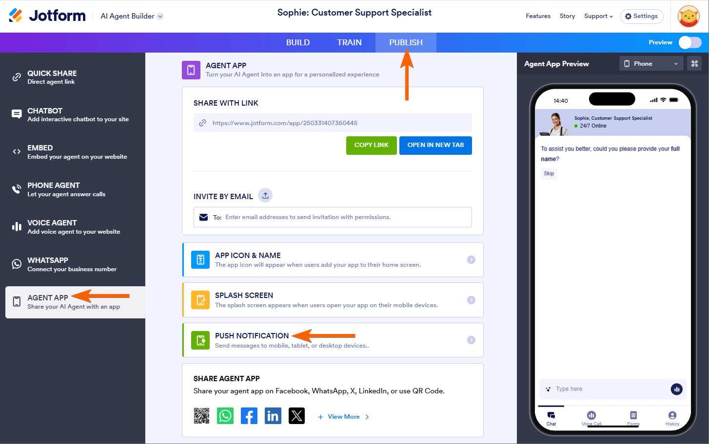 Push Notification Option Under the Agent App Section in Jotform’s AI Agent Builder