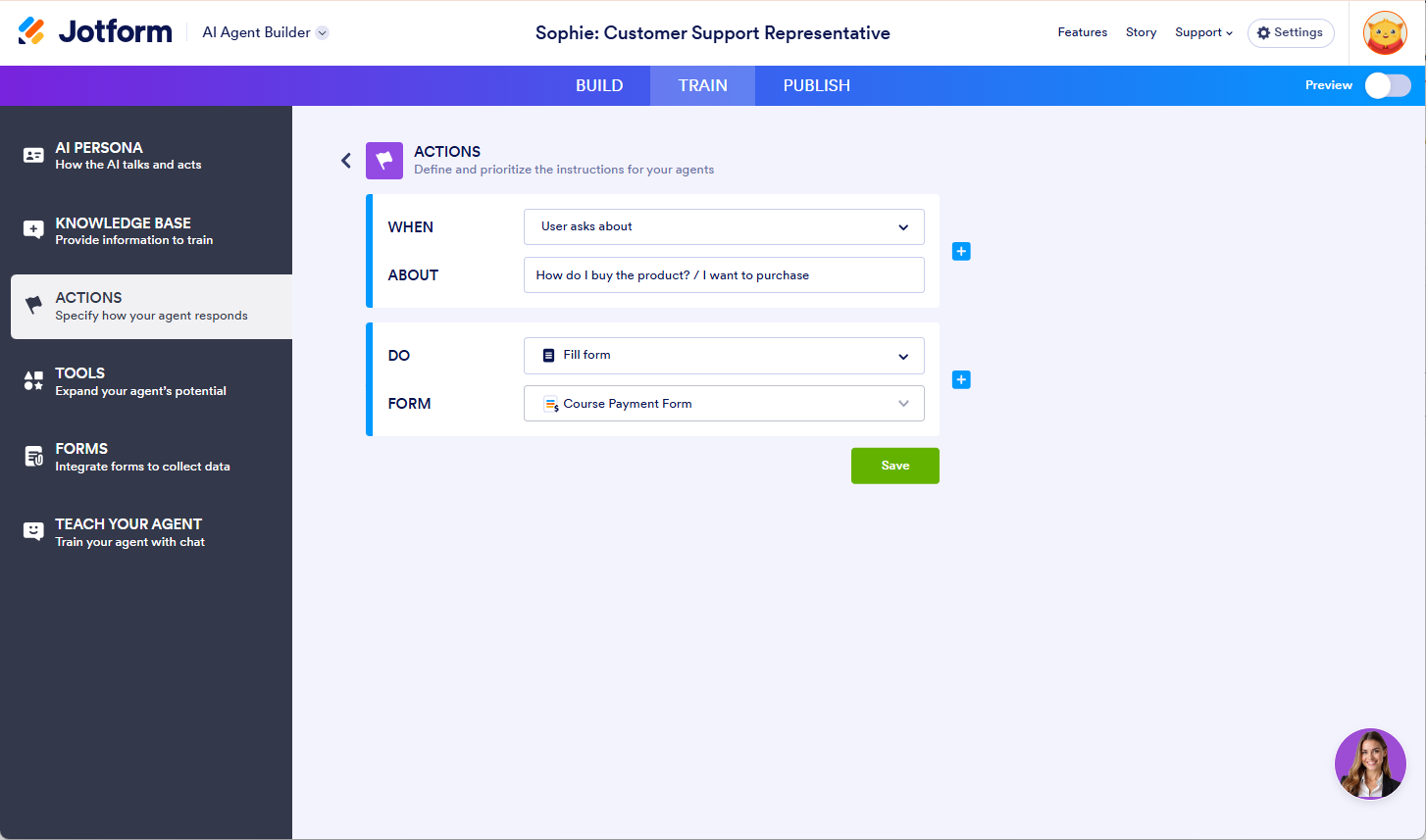 Action Options Setting Up of Handling Purchase Request in AI Agent Jotform Builder 