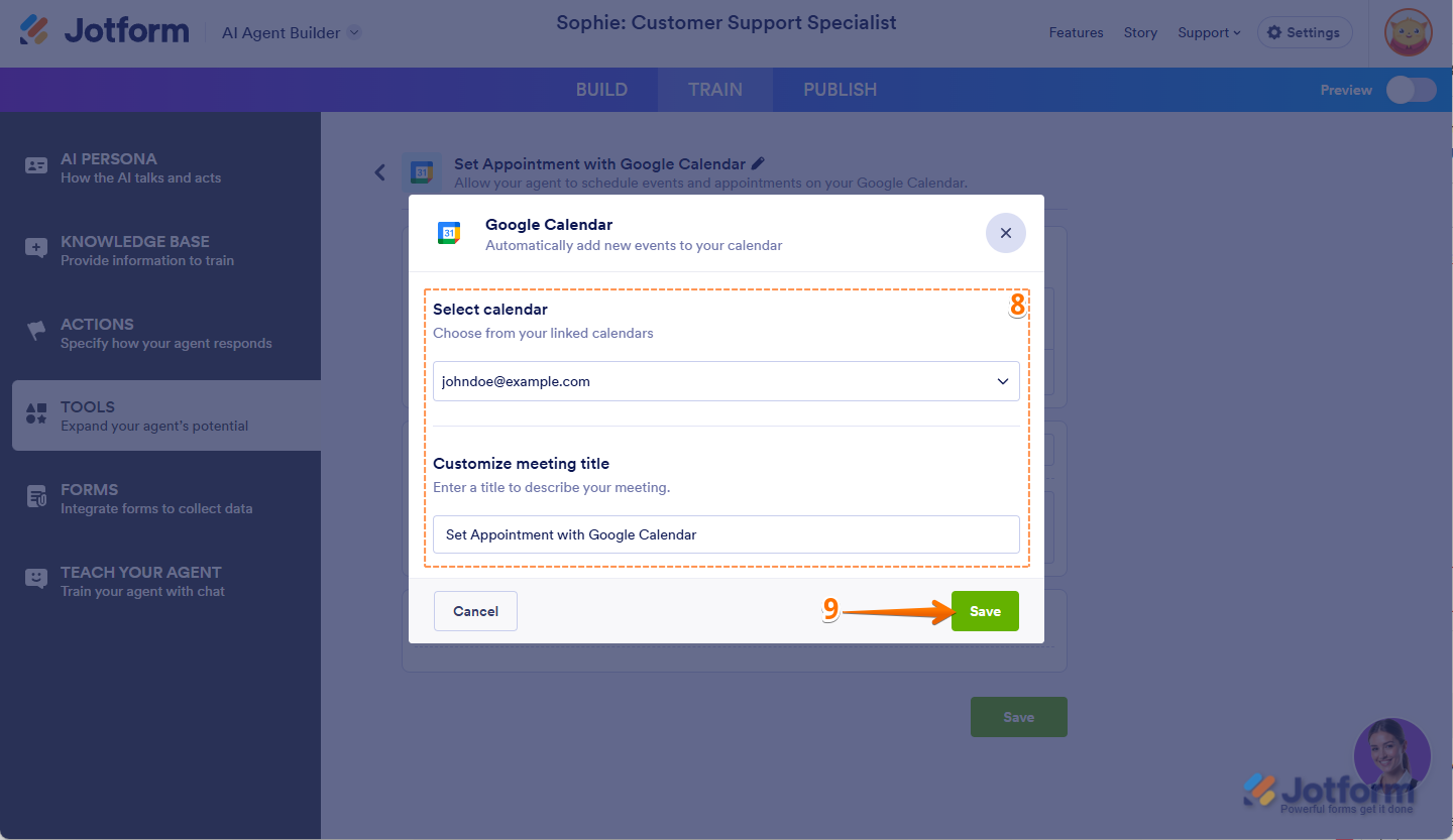 Set up Your Google Calendar Integration and Save button in AI Agent Jotform