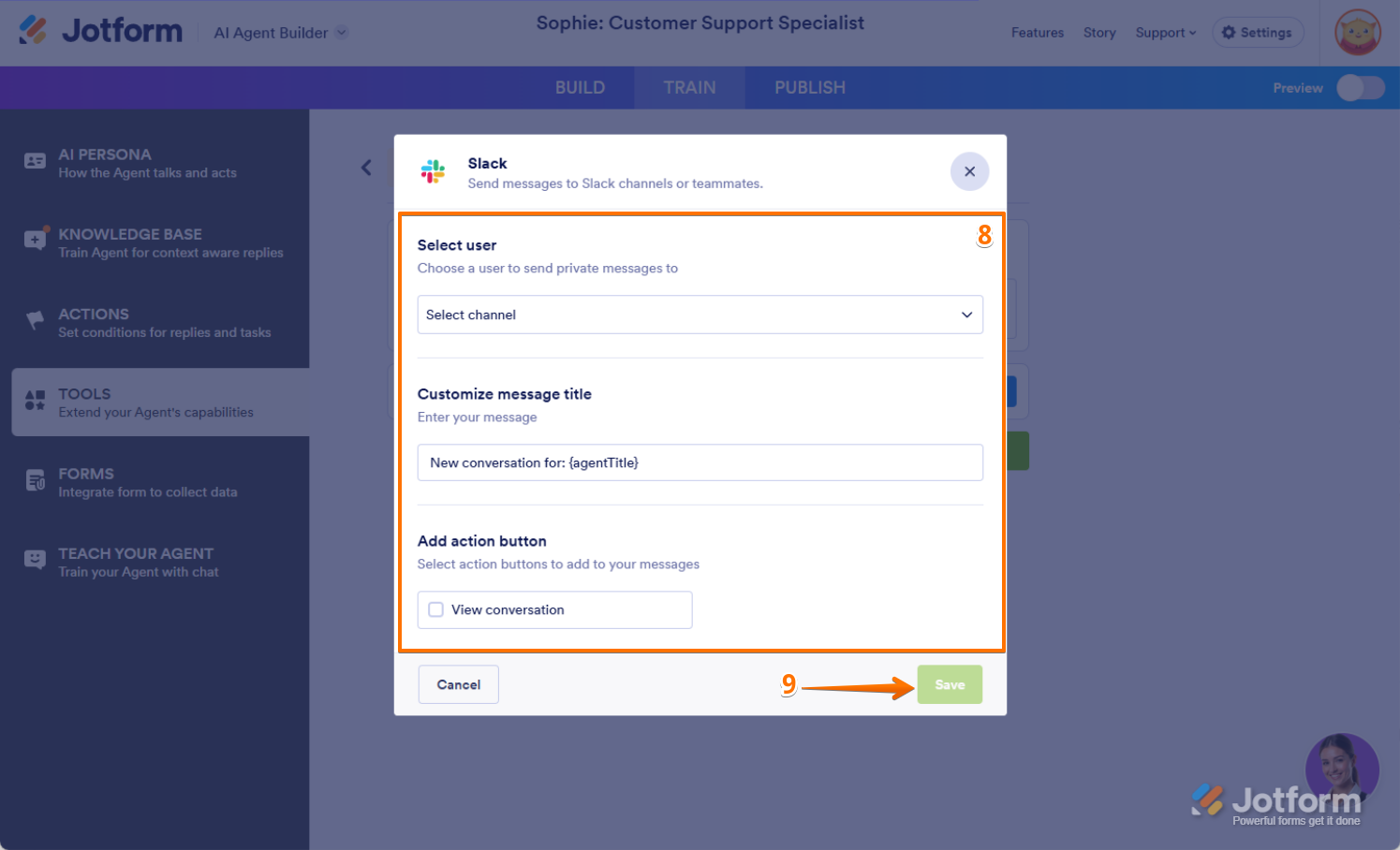 Set up your Slack Integration and Save button in AI Agent Jotform