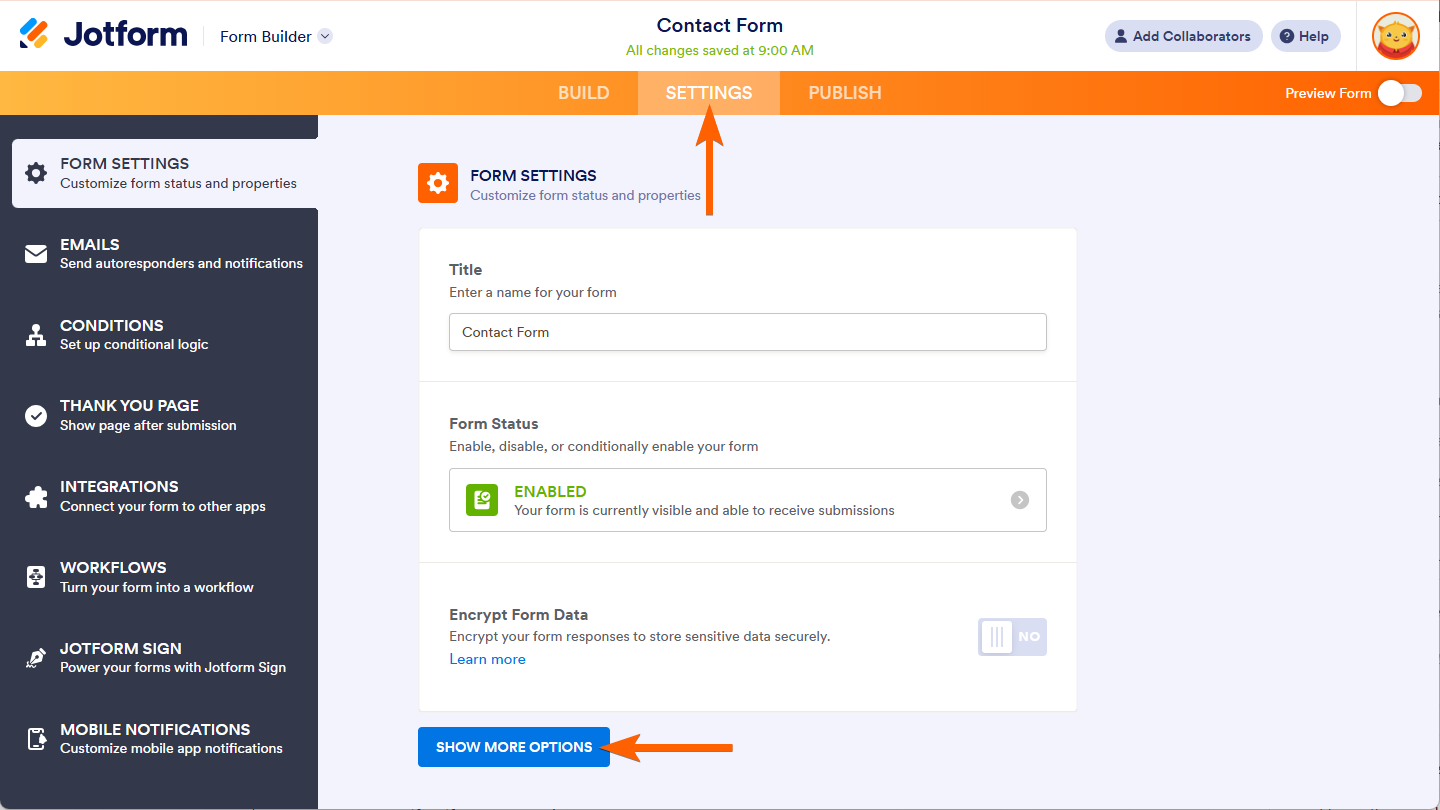 Botón Mostrar Más Opciones en la Pestaña de Configuración de Formularios en Jotform Builder
