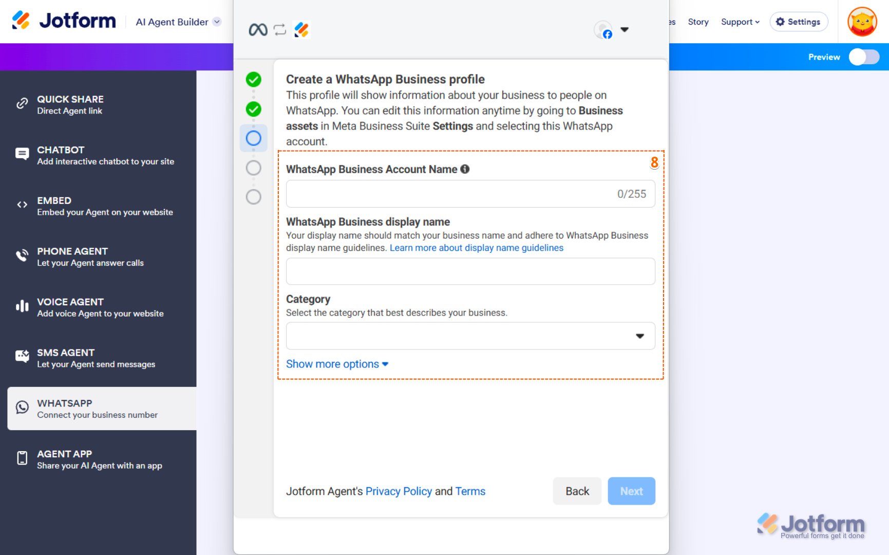 Create a WhatsApp Business Profile in WhatsApp Business Account in AI Agent Jotform