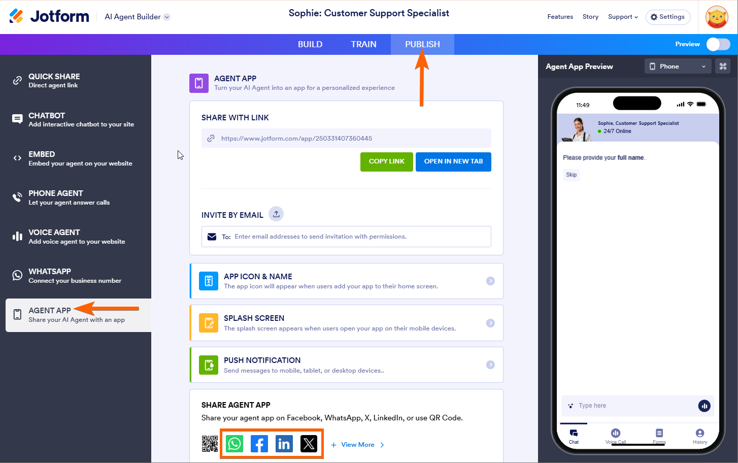 Social Media options to share the Agent as App in Jotform