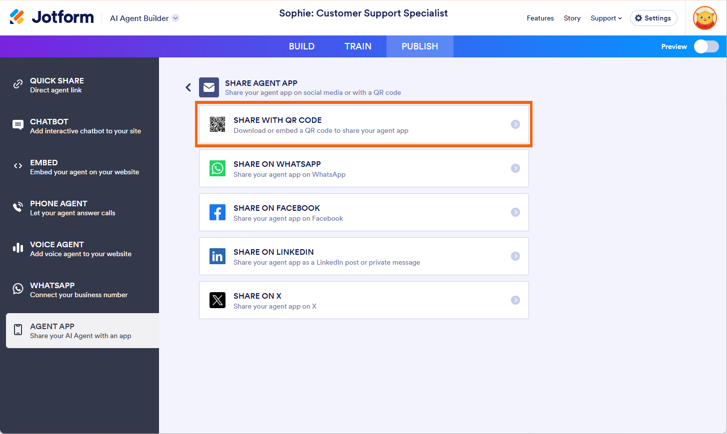 Share with QR Code option when you click Show More to share the Agent as App in Jotform