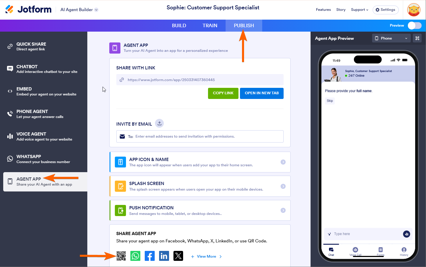 QR code option to share the Agent as App in Jotform