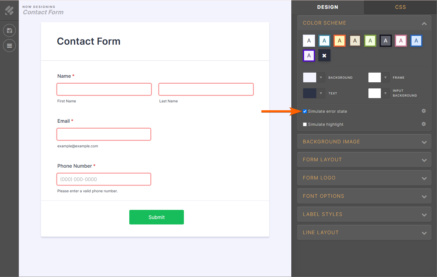Simular Estado de Error en el Diseñador Avanzado en Jotform
