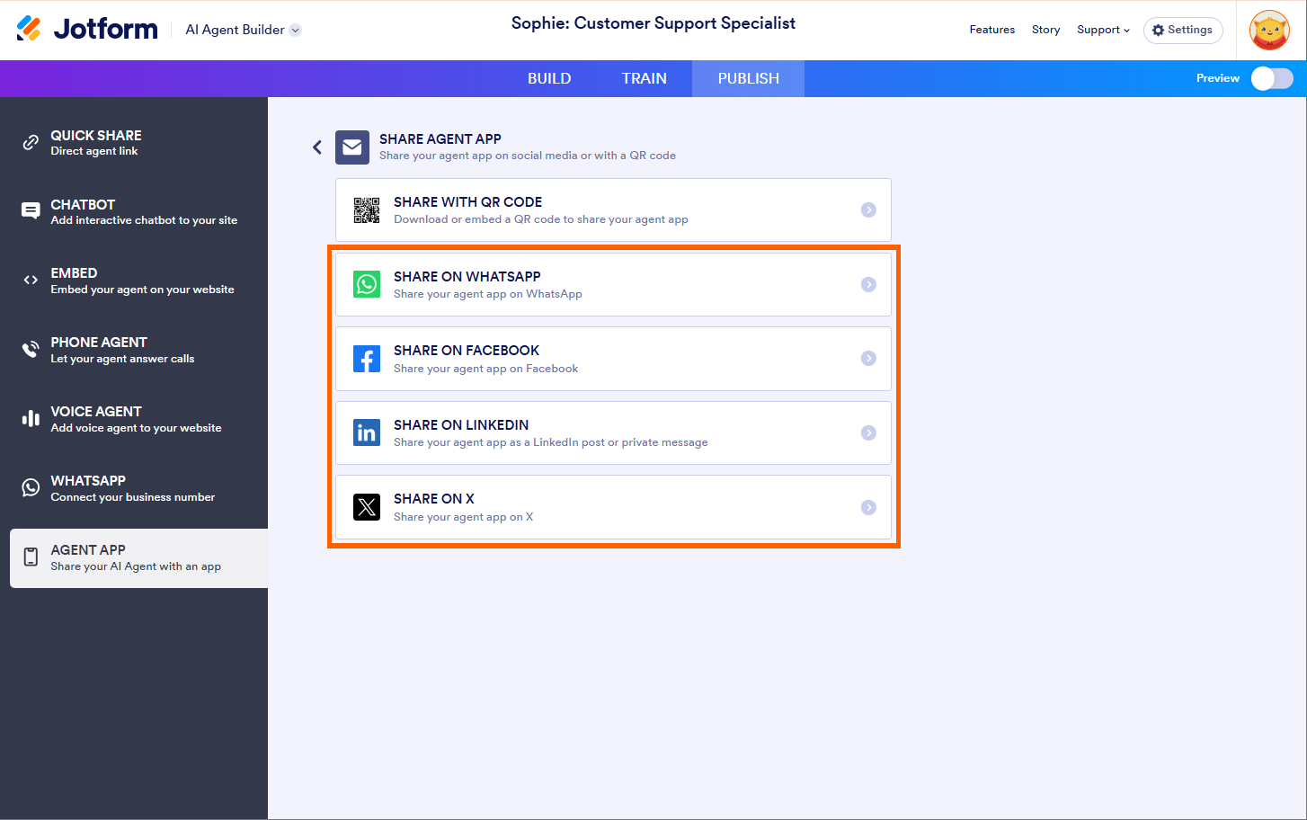 Social Media options when you click Show More to share the Agent as App in Jotform