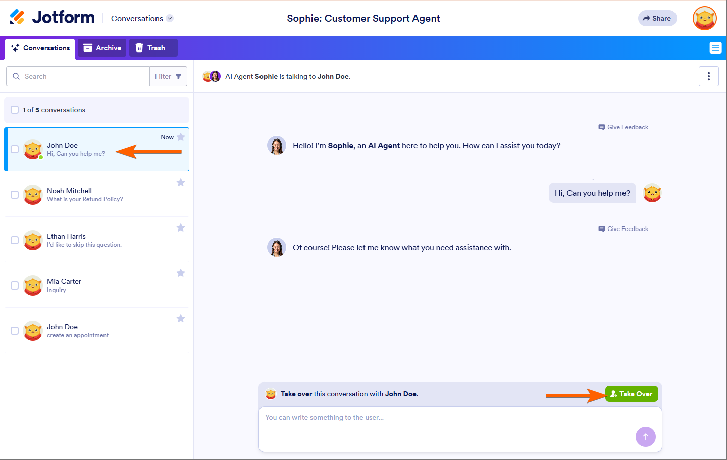 Take Over button option in AI Agent Conversations Jotform
