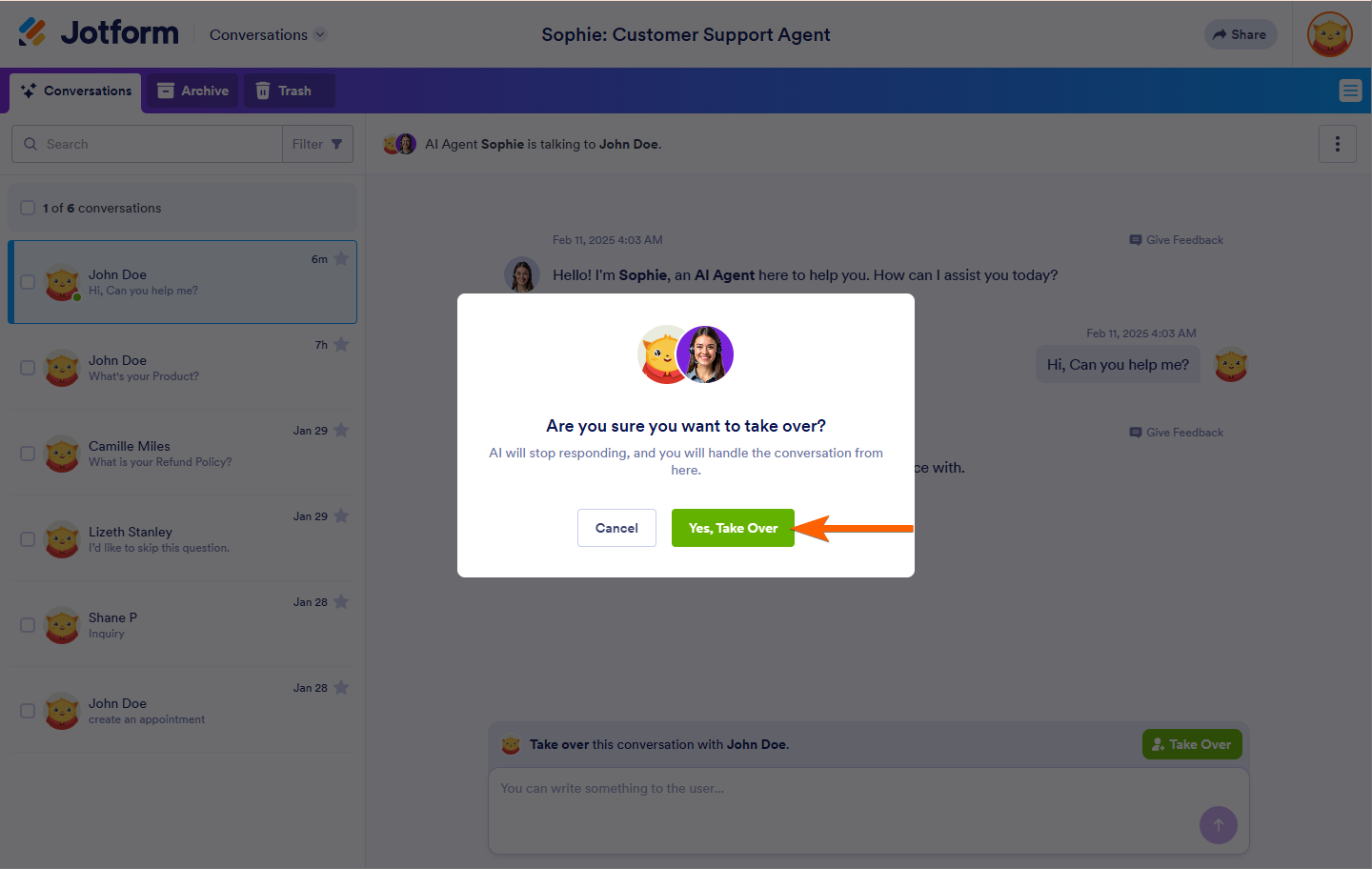 Yes, Take Over button option in AI Agent Conversations