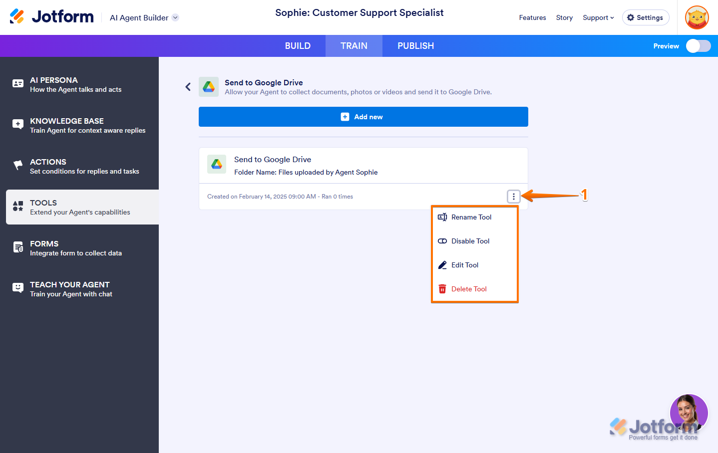 Three Dots icon to Show More options of Google Drive Integration in AI Agent Jotform