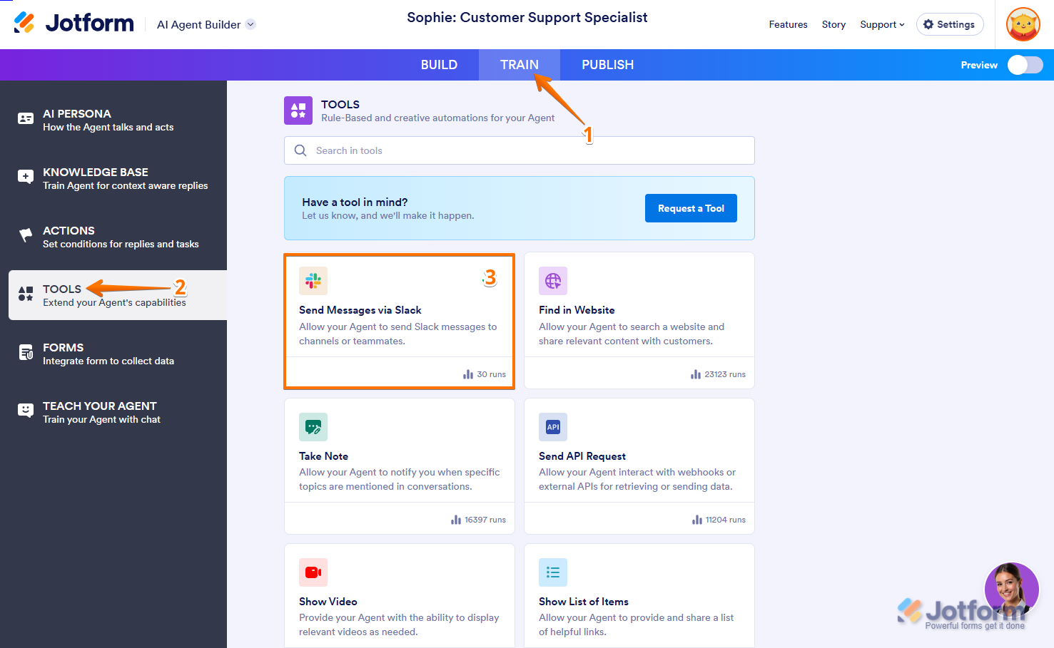 Tools Section to click the Slack Integration in AI Agent Jotform