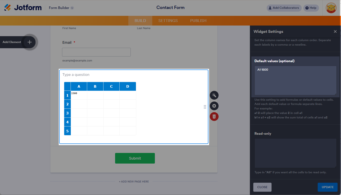 Valores predeterminados en la pestaña General del widget de hoja de cálculo de Jotform