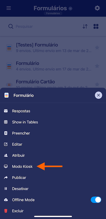 Acessando o modo kiosk no app Jotform
