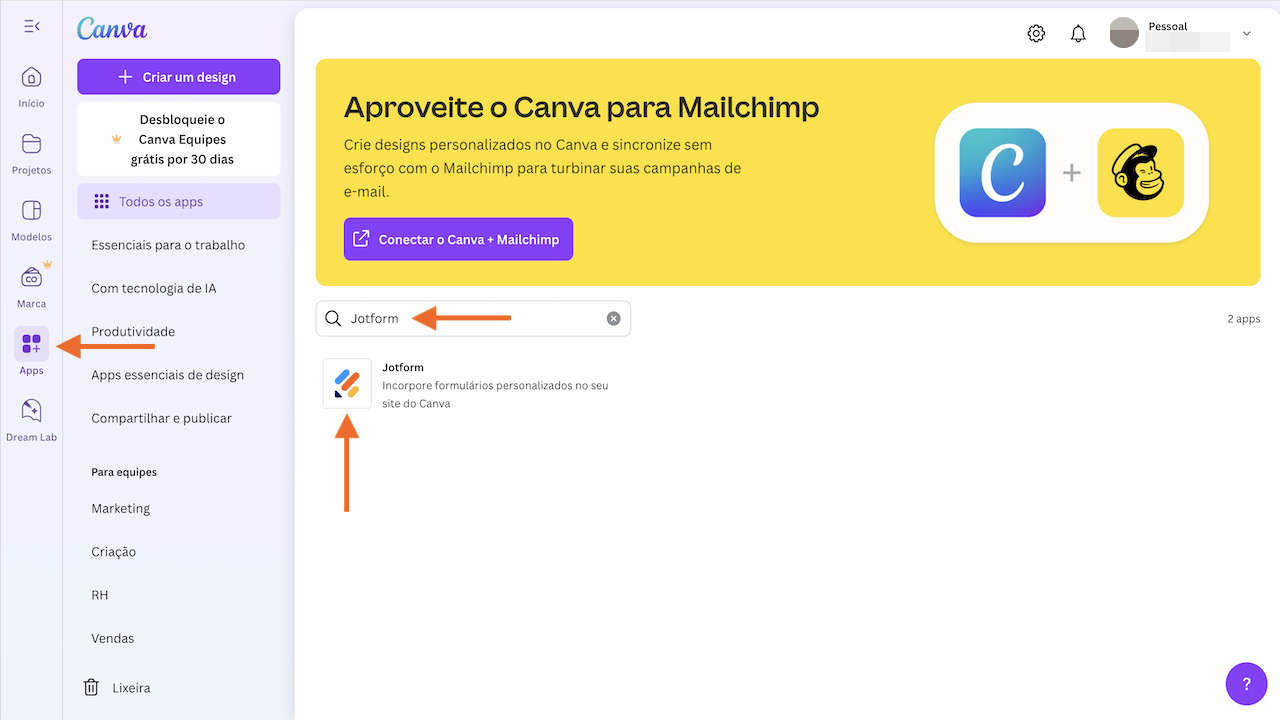 Pesquise e selecione Jotform no Canva