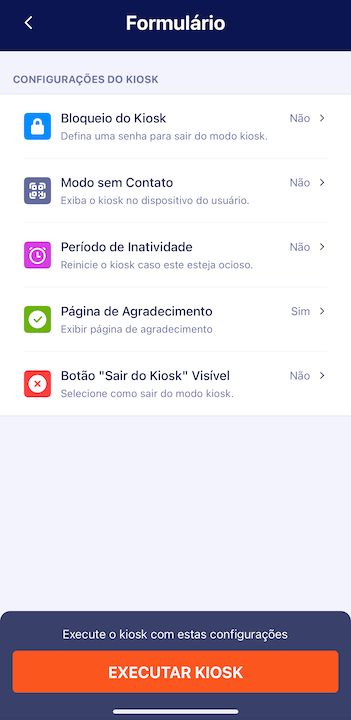 Configurações do modo kiosk no app Jotform
