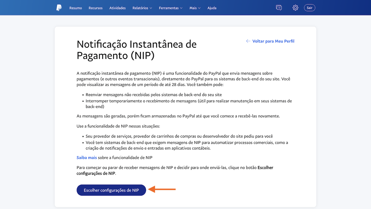 Escolher configurações de NIP - PayPal