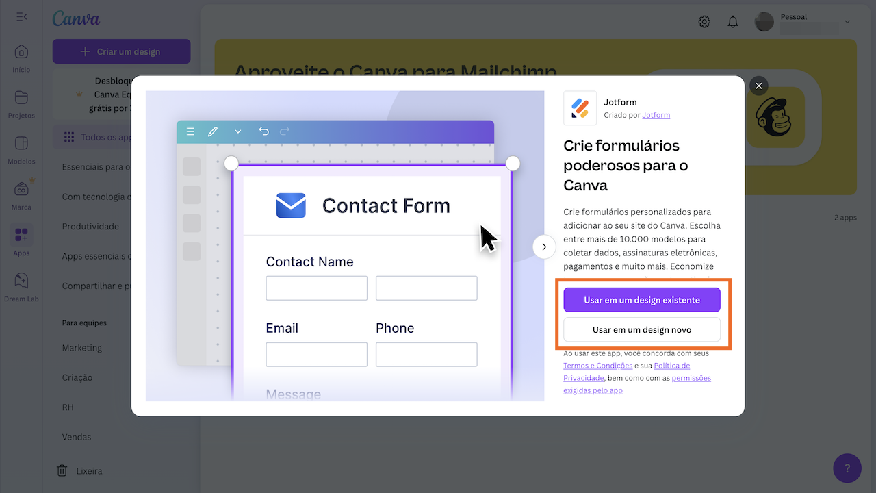 Selecionando opção de uso do app Jotform