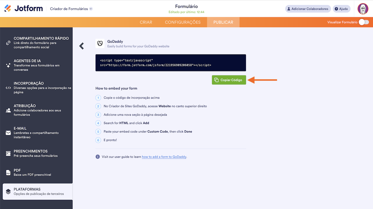 Copie o código de incorporação disponibilizado