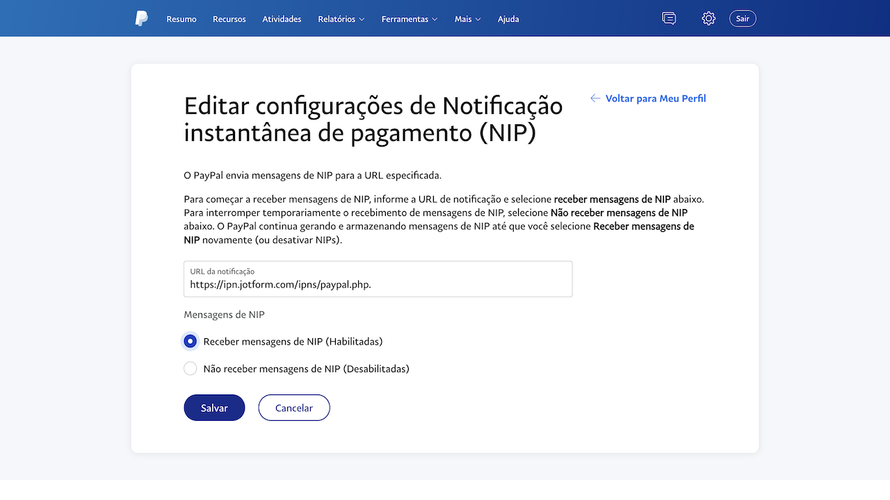 Receber mensagens de NIP (Habilitadas) - PayPal