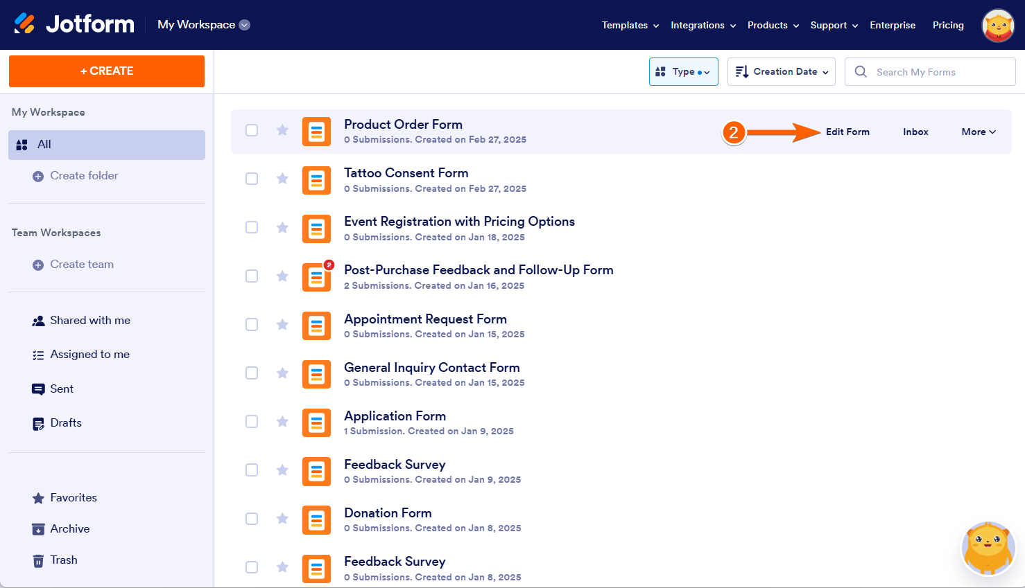 Edit Form option in the Forms asset in Jotform