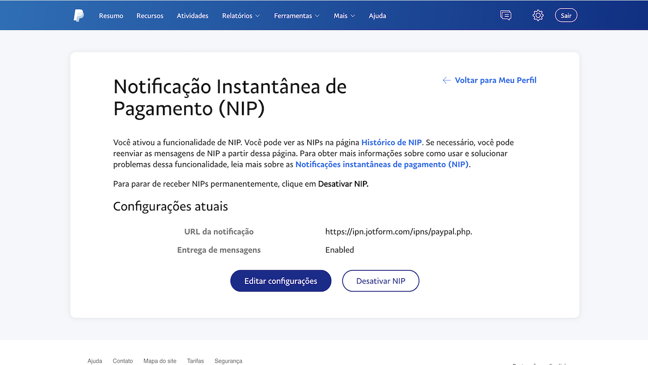Editar configurações de NIP - PayPal