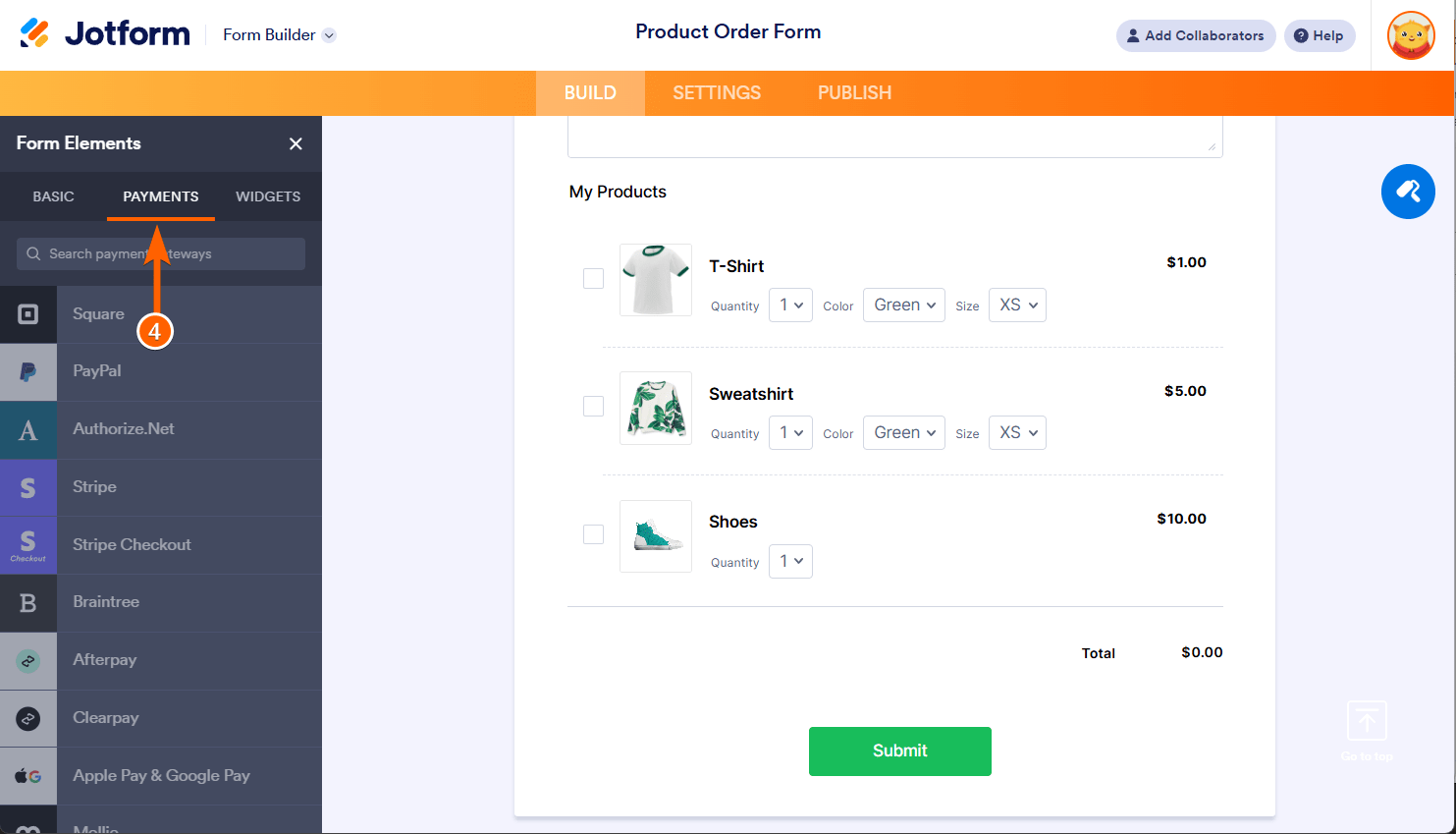 Payments tab of the Form Elements panel in the Jotform Form Builder