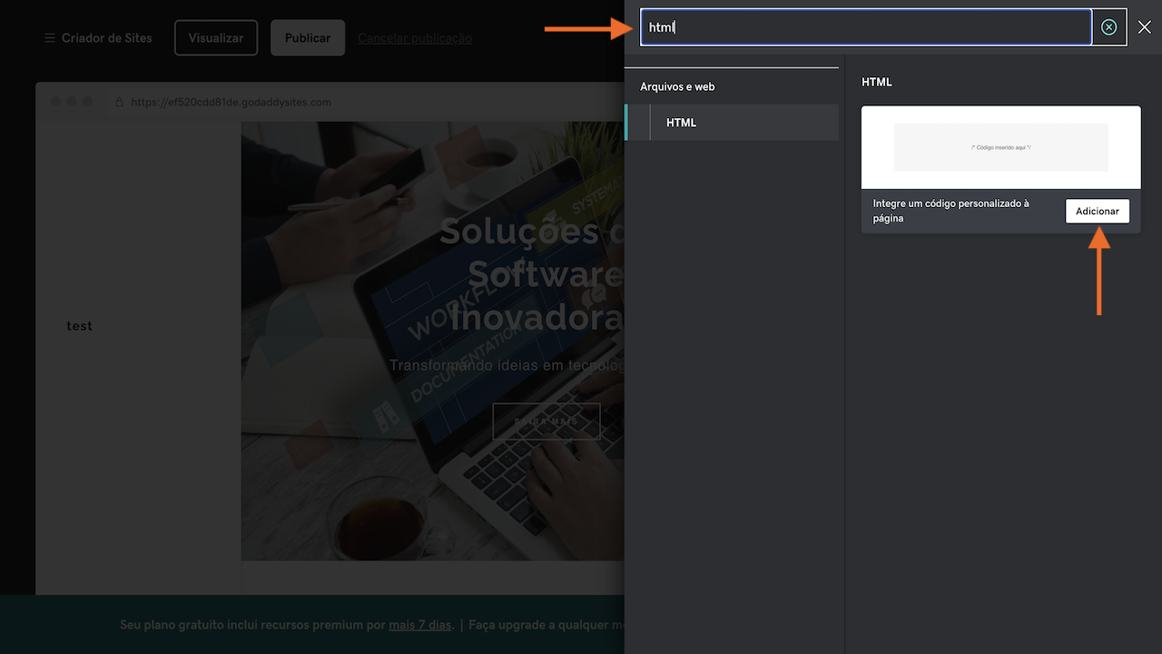Adicionar elemento HTML ao site GoDaddy
