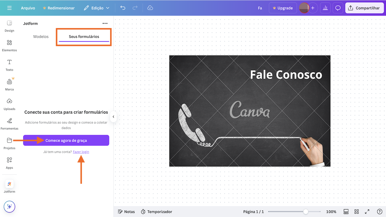 Começar de graça ou Fazer login no Jotform