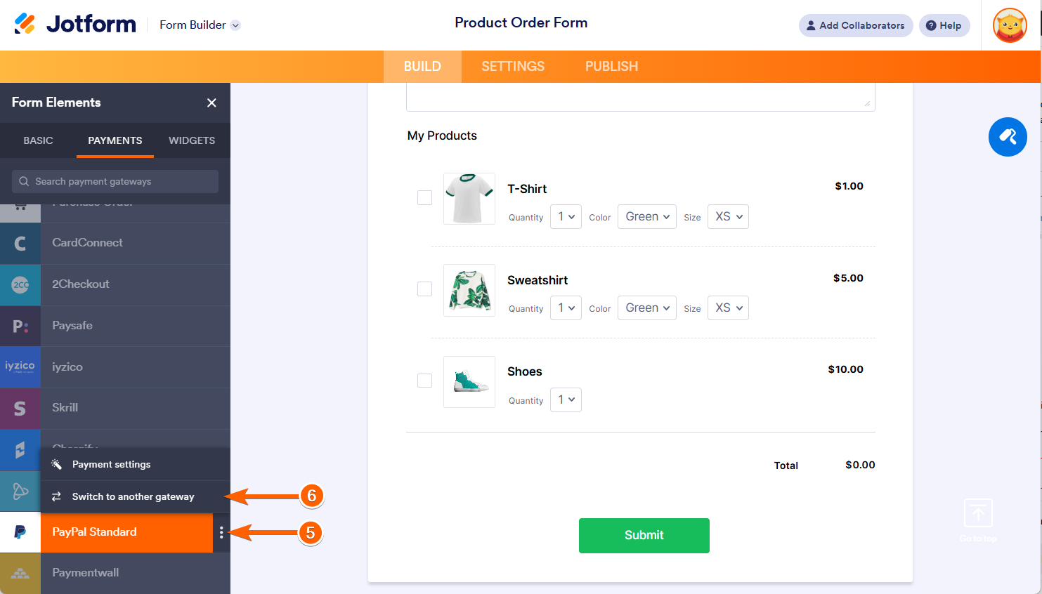 Switch to another gateway option in the PayPal Standard payment gateway