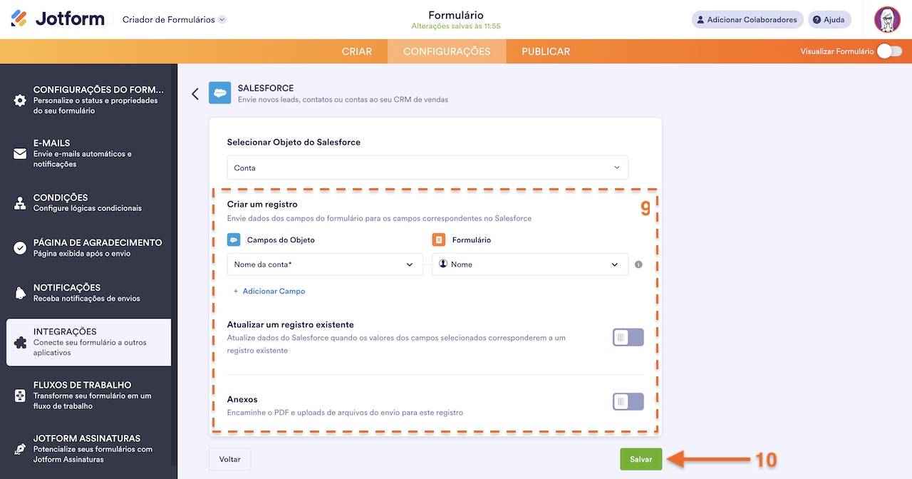Selecionando opções de integração ao Salesforce