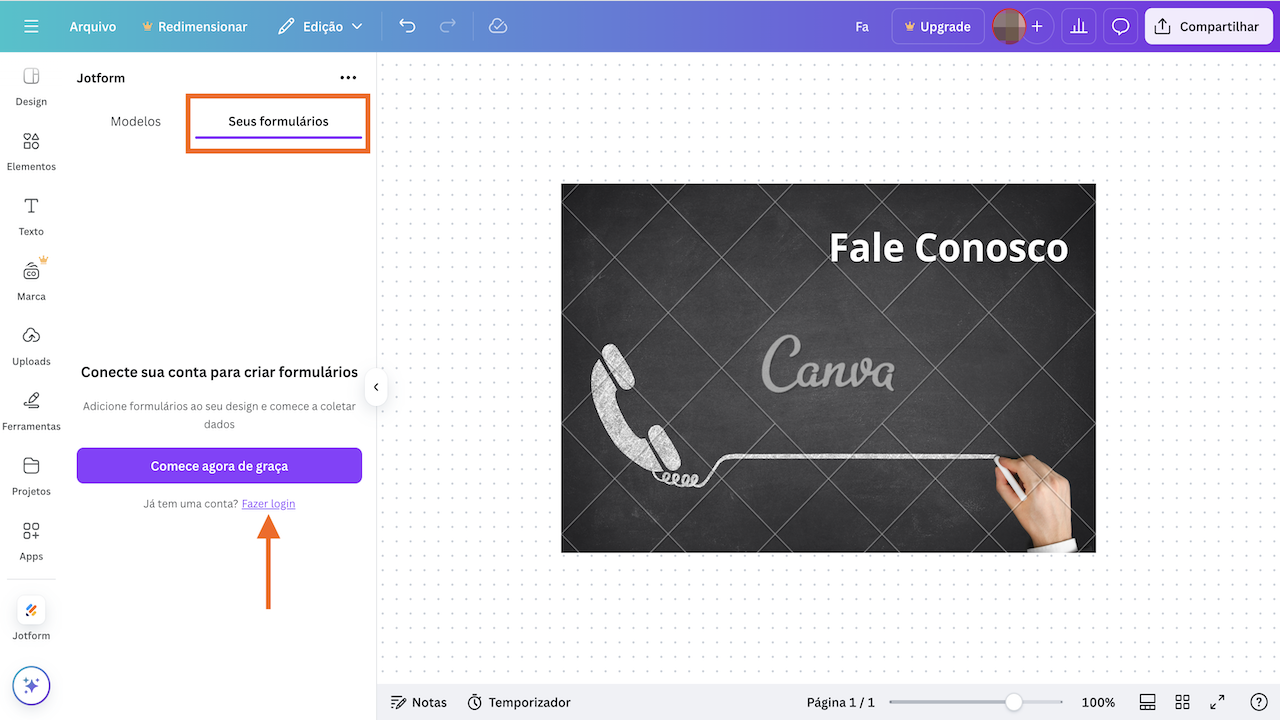 Adicionando um formulário Jotform existente no Canva