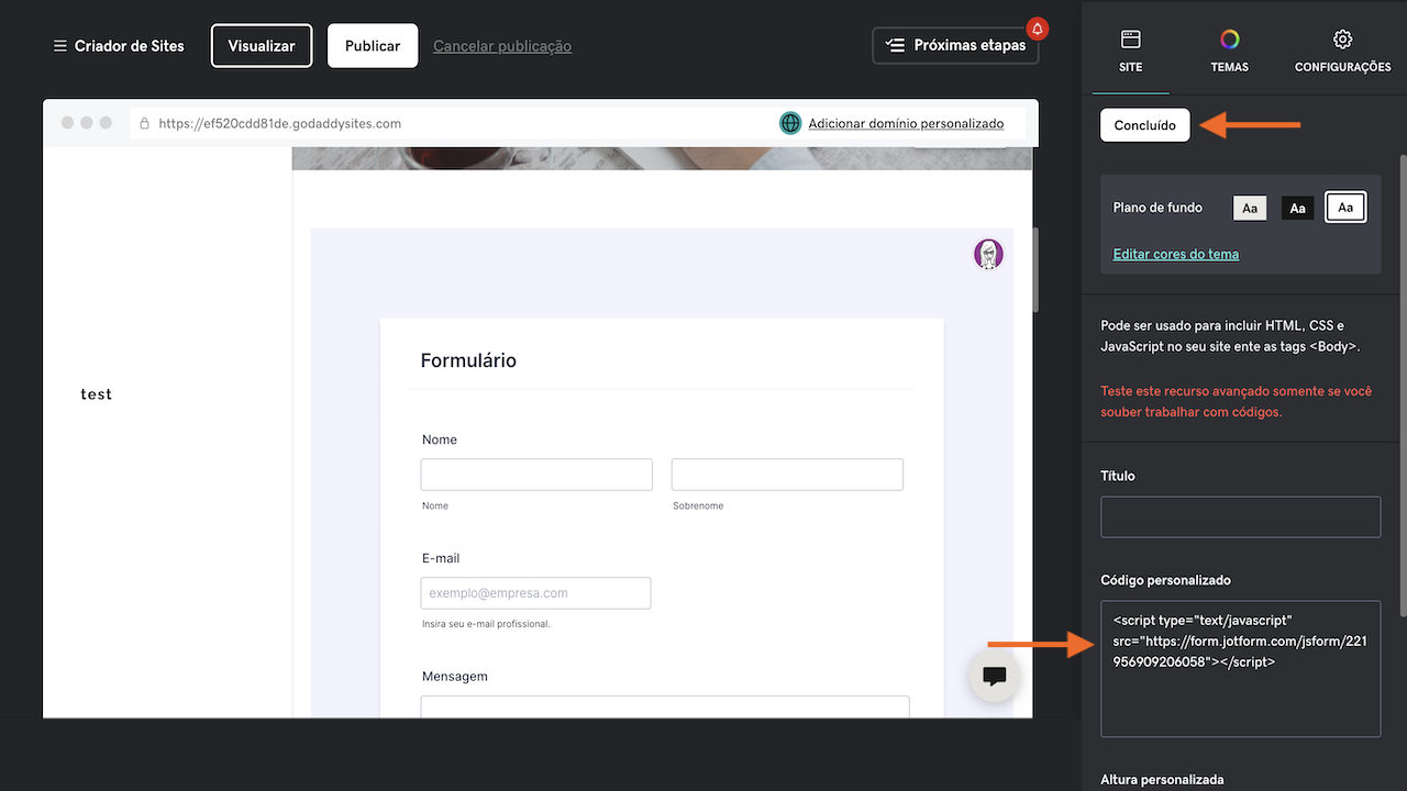 Adicionar código personalizado no GoDady