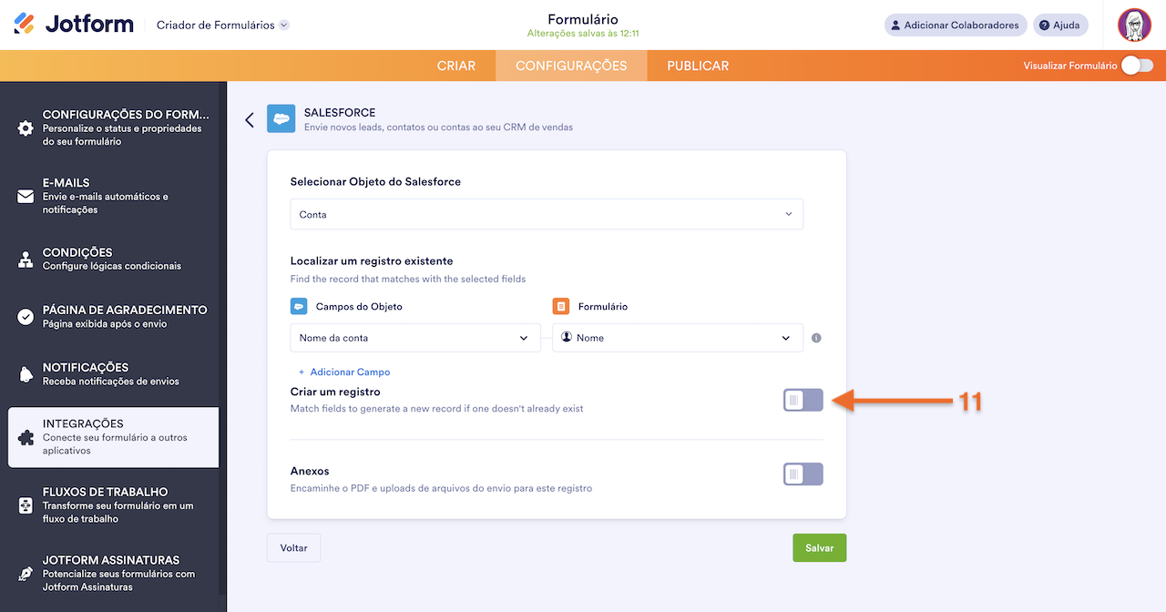 Selecionando opções de integração ao Salesforce
