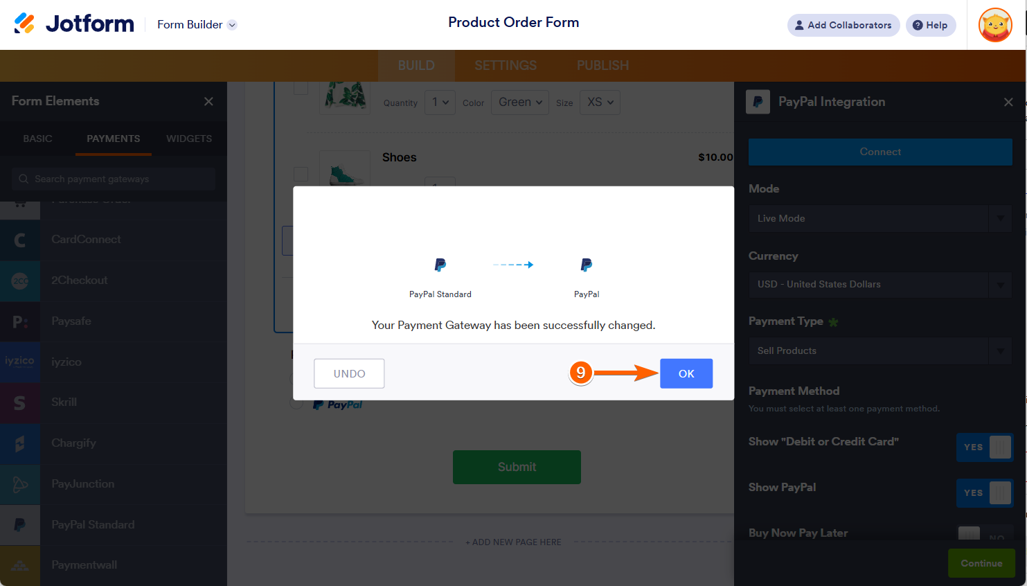 Ok button after switching the Payment Gateway in the Jotform Form Builder