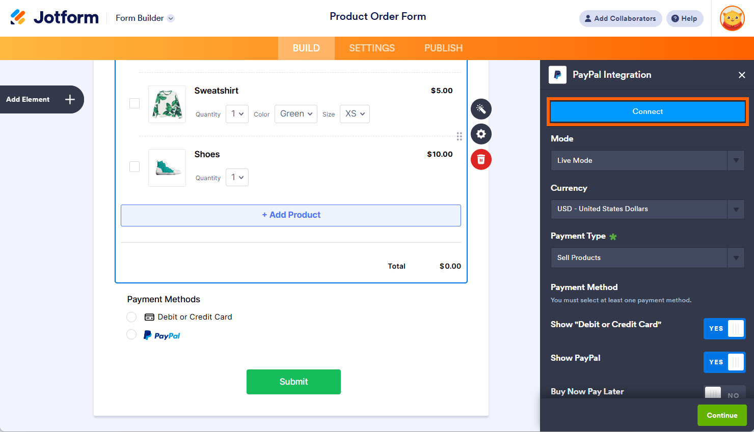 Connect button in PayPal Business integration