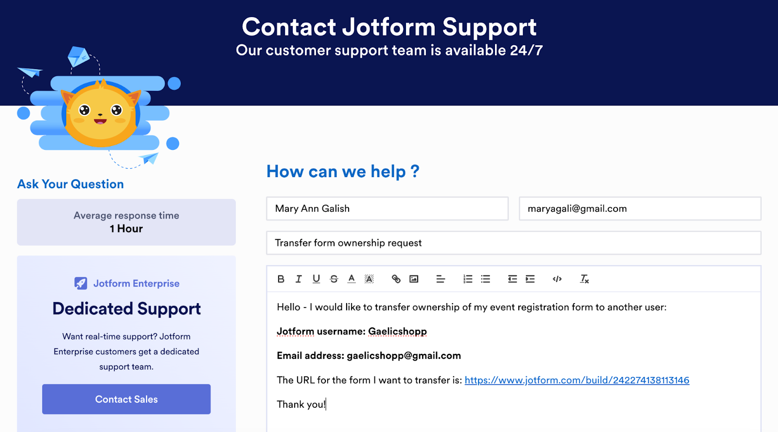 Contact Jotform Support Page