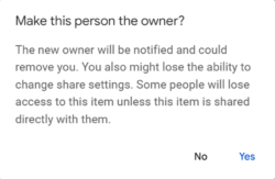 Google Forms notificación de "hacer a esta persona el dueño?" 