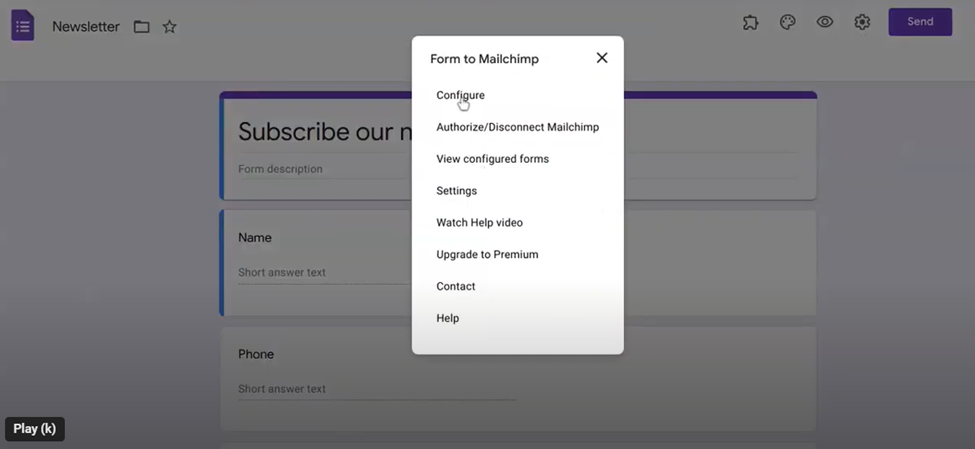 Google Forms "Configure" option