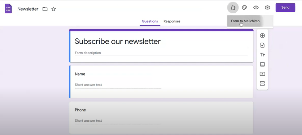 Google Forms' "Form to Mailchimp" option