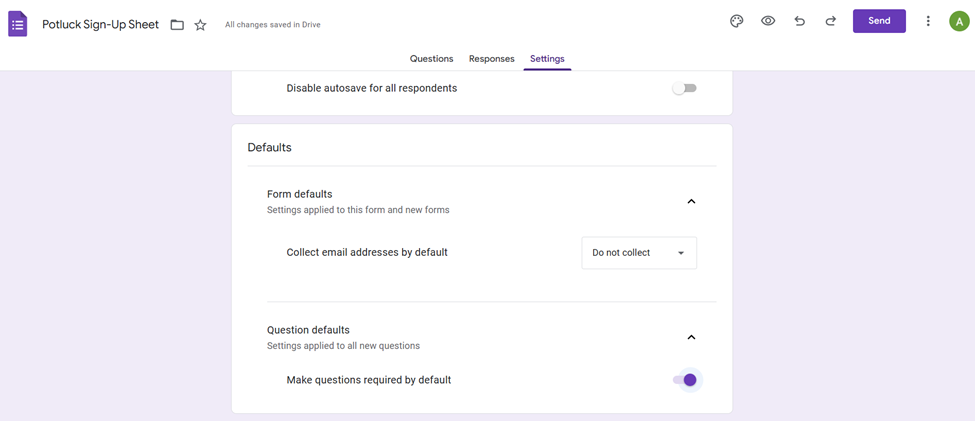 Google Forms'un Potluck Kayıt Formu Varsayılan Ayarları Kullanıcı Arayüzü