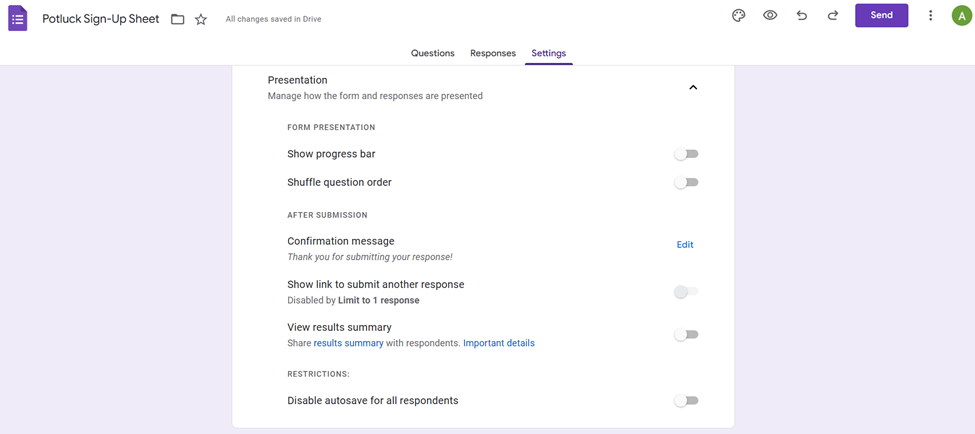 Google Forms'un Potluck Kayıt Formu Sunum Ayarları Kullanıcı Arayüzü