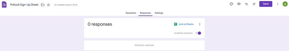 Google Forms'un Potluck Kayıt Formu Yanıtları Kullanıcı Arayüzü