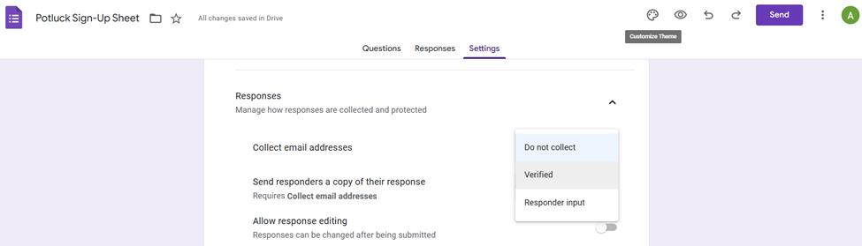 Google Forms'un Potluck Kayıt Formu Yanıt Seçenekleri Kullanıcı Arayüzü