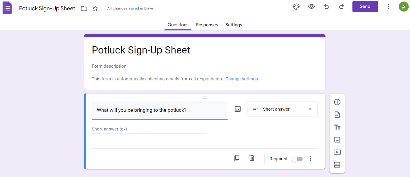 Google Forms'un Potluck Kayıt Formu