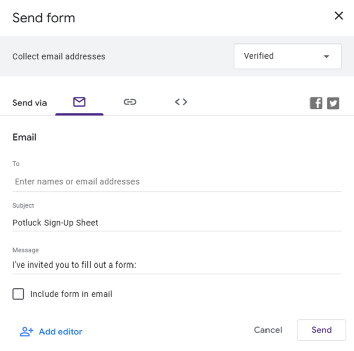 Opciones para compartir de Google Forms