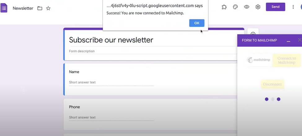 Google Forms to Mailchimp confirmation popup